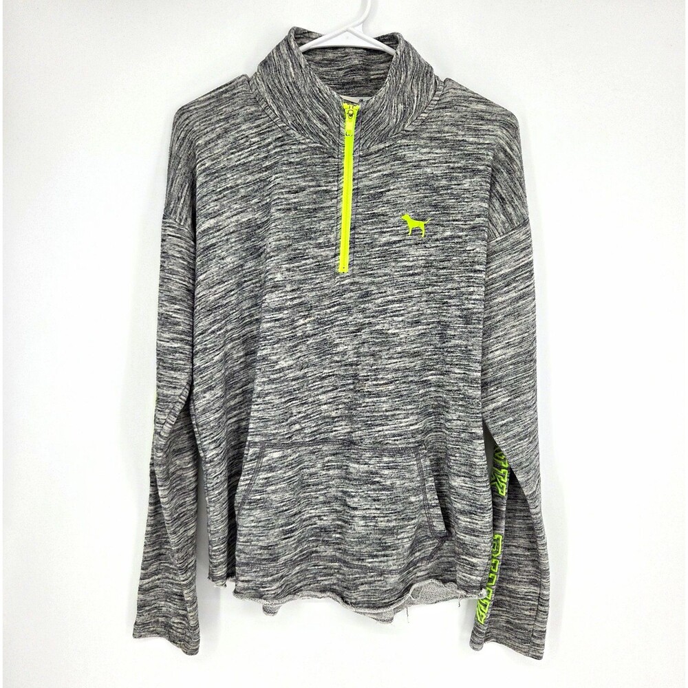 PINK Victoria’s Secret Gray Neon Heather 1/4 Zip Logo Pullover Sweatshirt Medium
